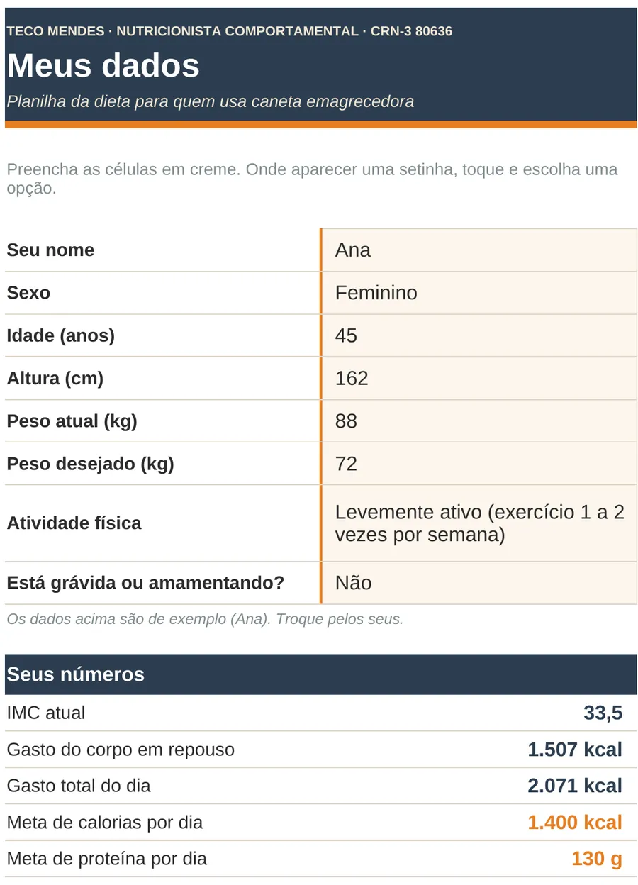 Ampliar a aba Meus dados: Ana, 45 anos, 162 cm, 88 kg, peso desejado 72 kg; meta de 1.400 kcal e 130 g de proteína
