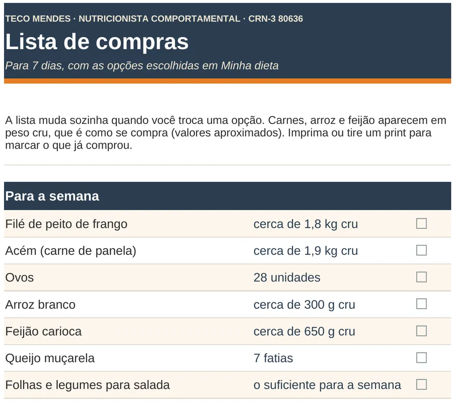 Ampliar a lista de compras para 7 dias, em peso cru