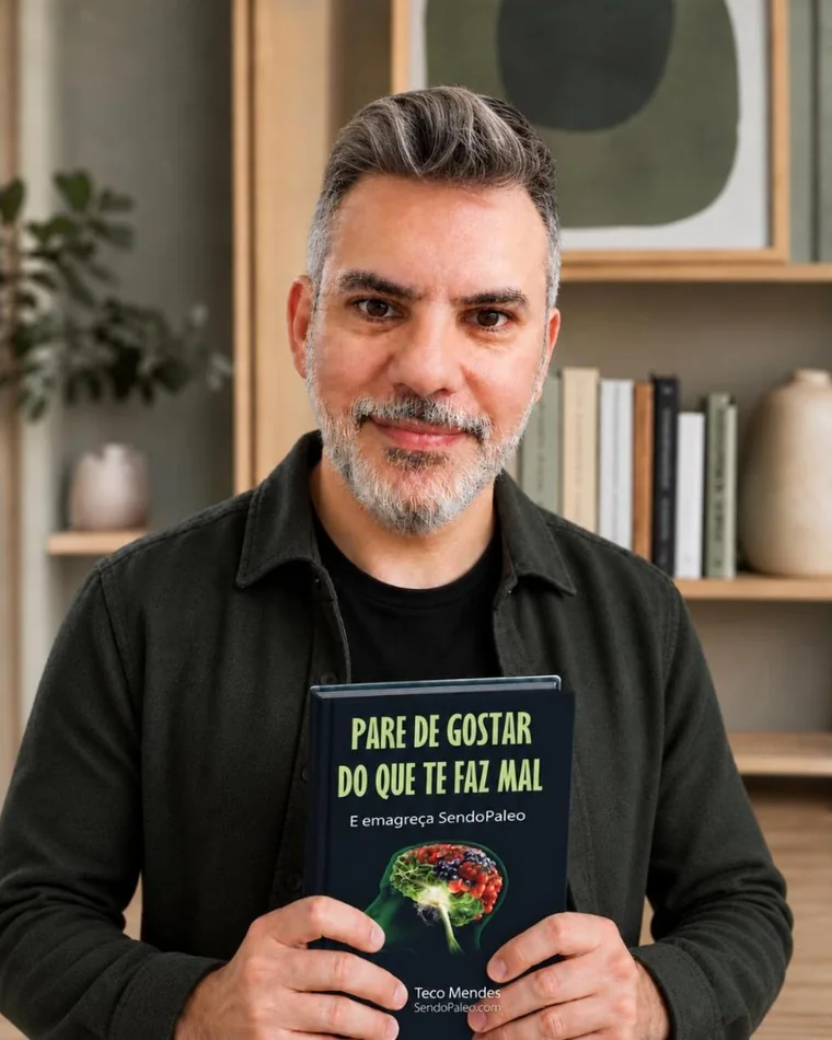Teco Mendes segurando o livro Pare de Gostar do que te faz Mal e Emagreça